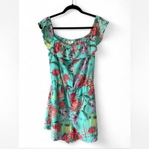 Decree Turquoise Floral Off-Shoulder Ruffle Romper Size Small